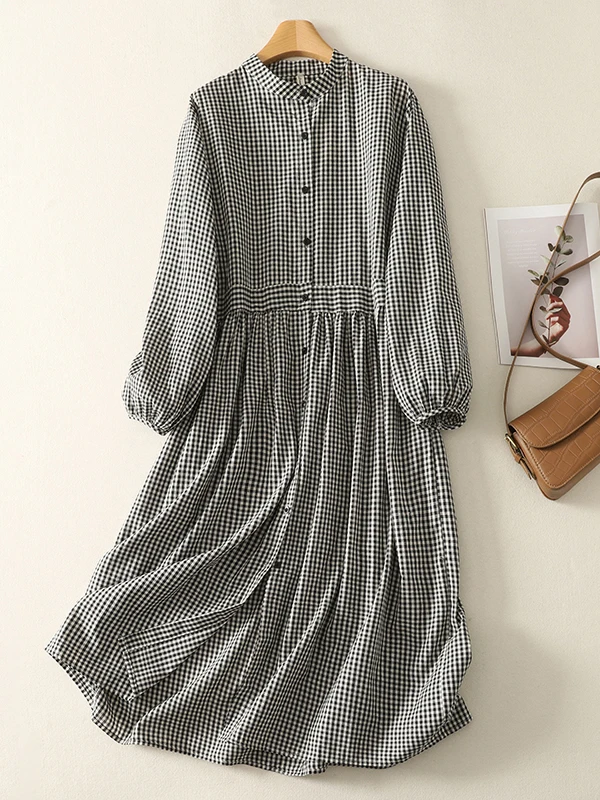 Casual Loose Linen Shirt Dress - 큰 사이즈 여성용 플래드 린넨 셔츠