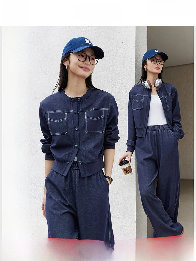 

Stylish Slim Fit Denim Blue Women's Set Spring 2026 New Arrival Two-Piece Suit with Wide Leg Pants And Long Sleeve Top