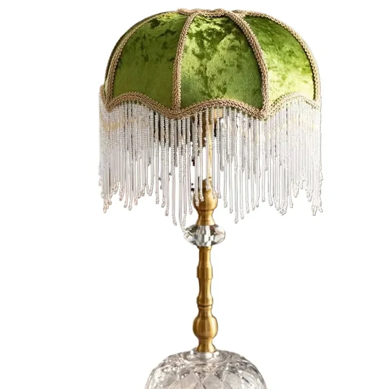 for Green Table Lamp American Retro Living Room Bedroom Villa European Pastoral Creative Fringed Desk Light