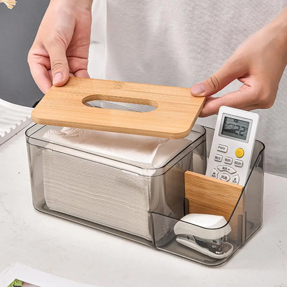 

Tissue Dispenser Transparent Tissue Container with Wooden Cover Remote Control Storage Holder for Kitchen Living Room