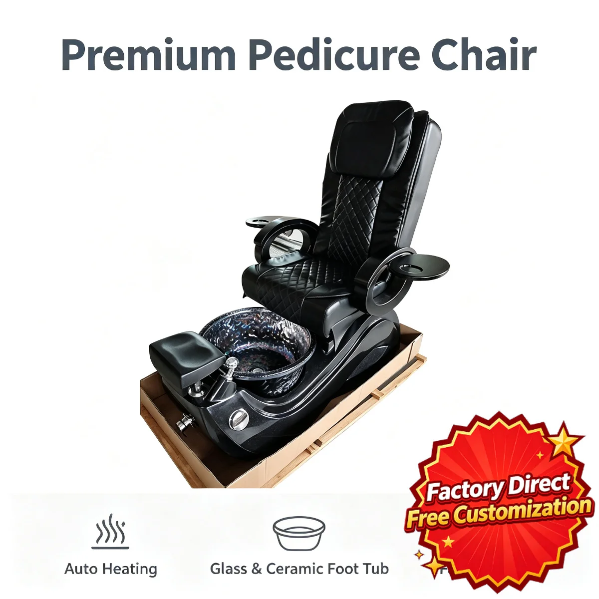 All Black Electric Pedicure Chair Curved Base Heated Foot Spa Massage Salon Chair