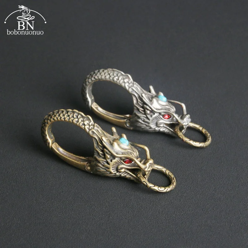Copper Dragon Head Car Keychain with Ring Vintage High-end Dragon Brass Keyring Pendant Luxury Men Spring Key Chain Accessories