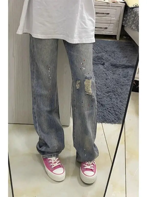 

American Retro Splashed Ink Straight Leg Jeans Women's Summer Small Size High Waist Slim Loose Hole Narrow Version Wide Leg P...