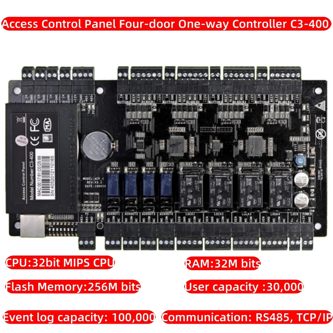 

ZK C3-400 4-Door IP-Based Access Control Panel | Wiegand, TCP/IP, RS-485 | 30K Cards, 100K Logs | Anti-Passback, Multi-Card Open
