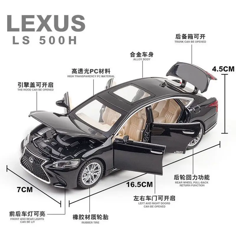 1:32 LEXUS LS500H Alloy Car Model Six Open Doors Light Sound Pull Back With Base Diecast Vehicle Display Collection Gift view 2