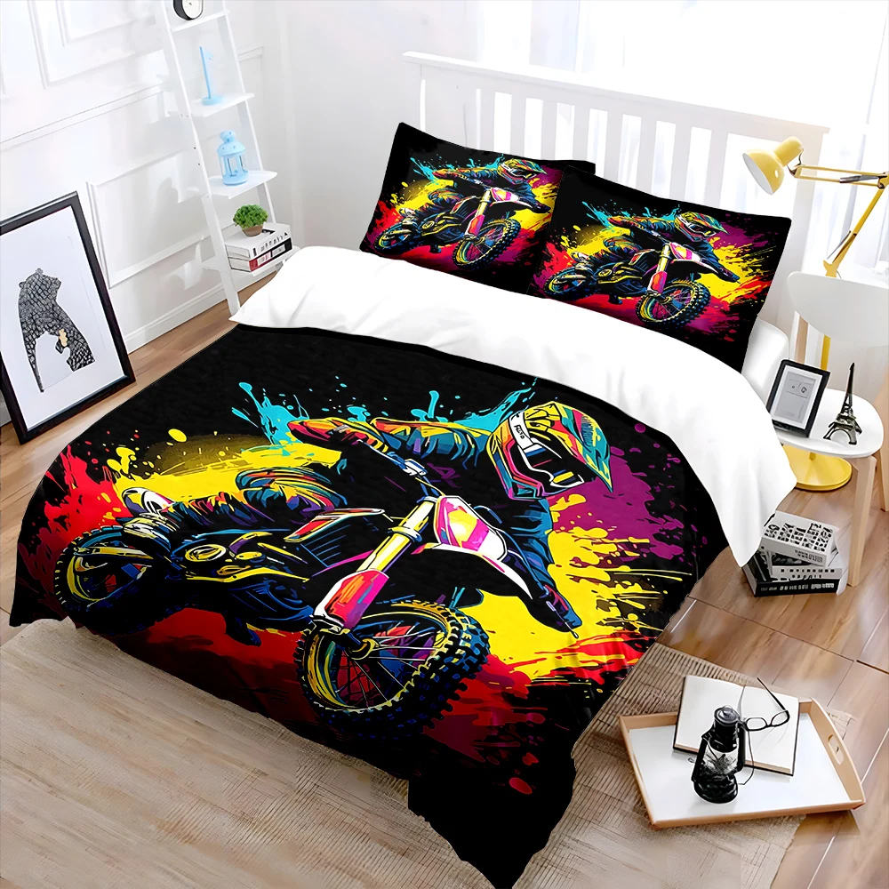 Watercolor Art for Off-Road Motorcycles Bedding Set for Kids Luxury Gift 3pcs Digital Print Comforter Set Soft Comfortable