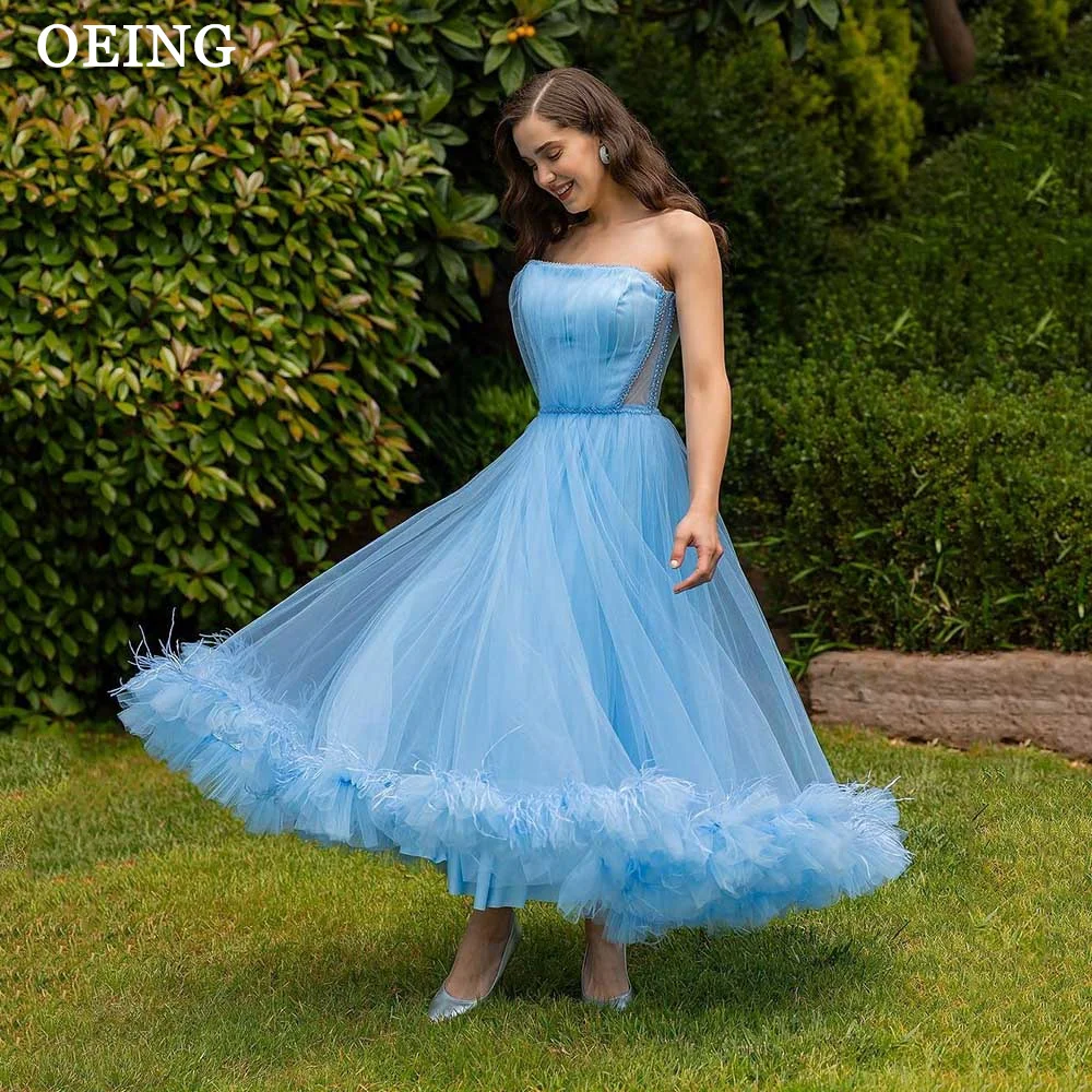 

OEING Fairy Sky Blue Flowers Lace Prom Dresses Elegant Strapless Ankle Length Pastrol Party Formal Gowns Vestido de noche