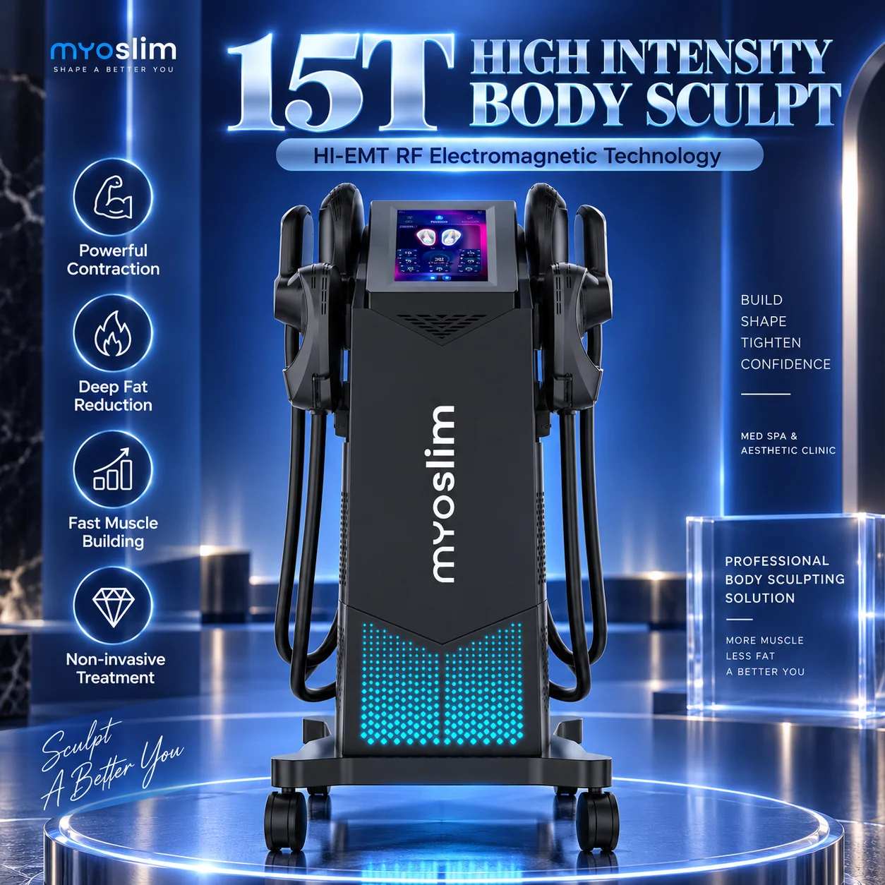 HI-EMT RF Electromagnetic Body Sculpting Machine, 6500W 15T Muscle Building Fat Reduction Device, Non-Invasive Body Slimming