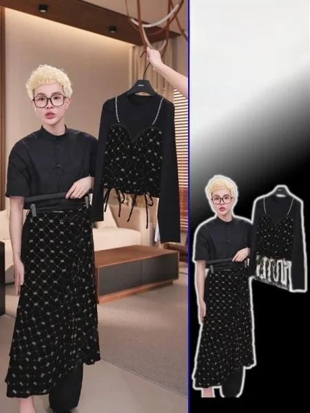 

plus Size Women's Gentle Korean Sle Two-Piece Set Spring New Plaid Top f-Skirt Ensemble Long Sve round Ne Floral Print