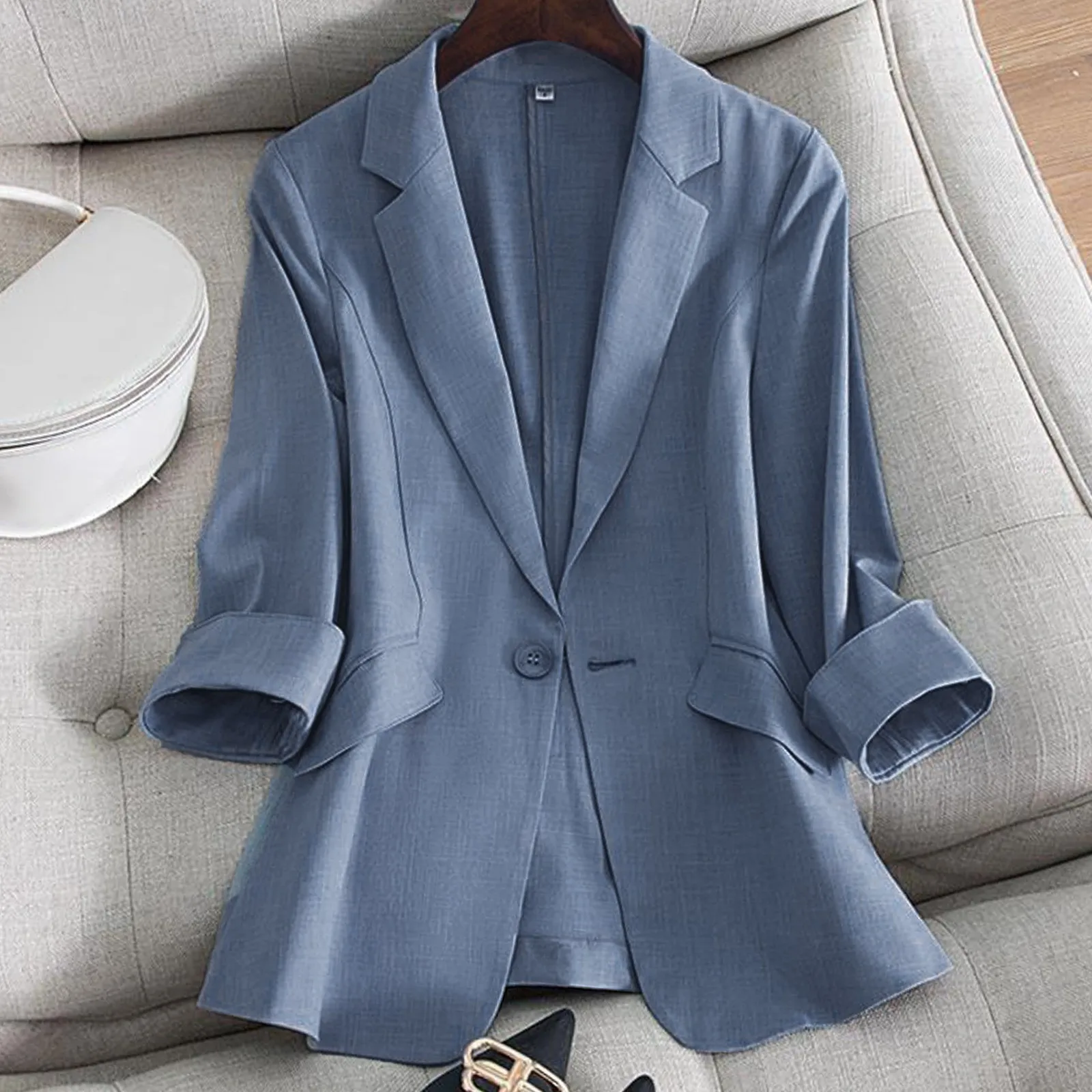 Women\'s Solid Color Small Suit Jacket With 3/4 Sleeves And Button Up Pocket Spring And Summer Korean Style Slim Fit Suit Top