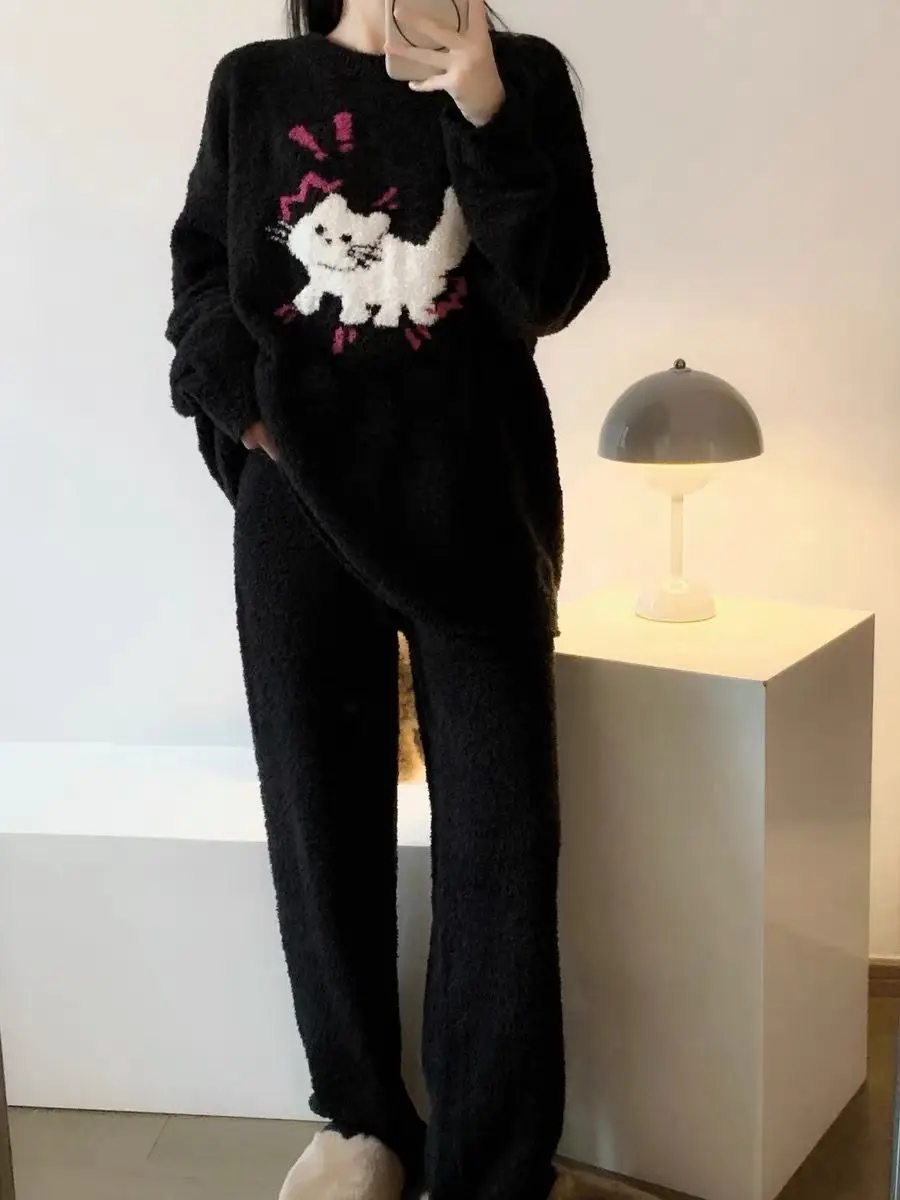 Autumn Winter Fashion Women\'s Casual Lovely Black Cat Sweet Girl Warm Soft Sleepwear Loose Pajamas With Pants Flannel Pullover