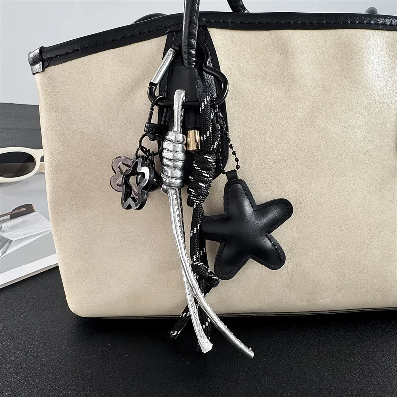 Niche Subculture Black and White Star Keychain, Leather Star and Braided Rope Mix-And-Match Pendant, Street Style Sweet-Cool Bag