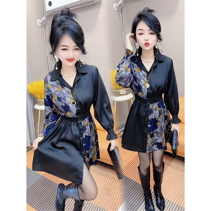 블랙 패션 프린팅 드레스 여성 2025 봄 여름 신상 드레스 허리 스티칭 컬러 싱글 버튼 셔츠 코트 탑 여성