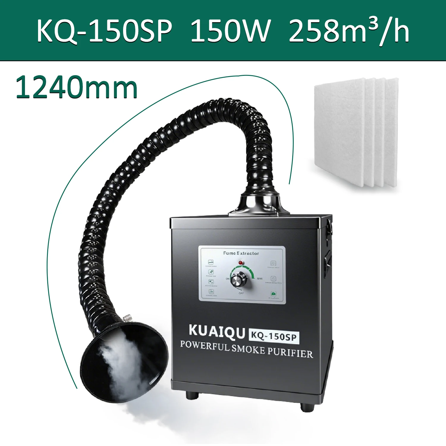 KUAIQU Rauchabsauger 30W 45W 80W 150W Lötrauchgerät H13 HEPA 3-Stufen-Aktivkohlefilter-Schwamm für Schönheitspflege 3D-Drucker PCB-Lötstation Flussrauch-Entfernung Lasergravur Werkstatt Einstellbarer