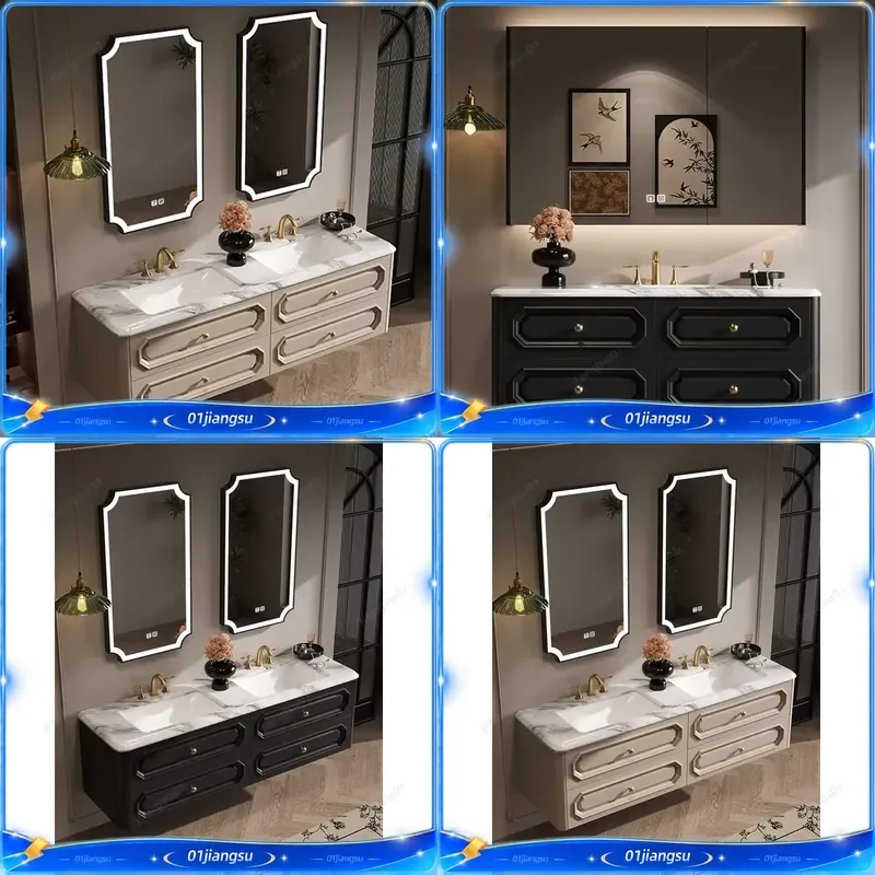 French Retro Bathroom Vanity Cabinet Luxury Stone Integrated Ceramic Basin Solid Wood Washstand Combo Modern Home Decor