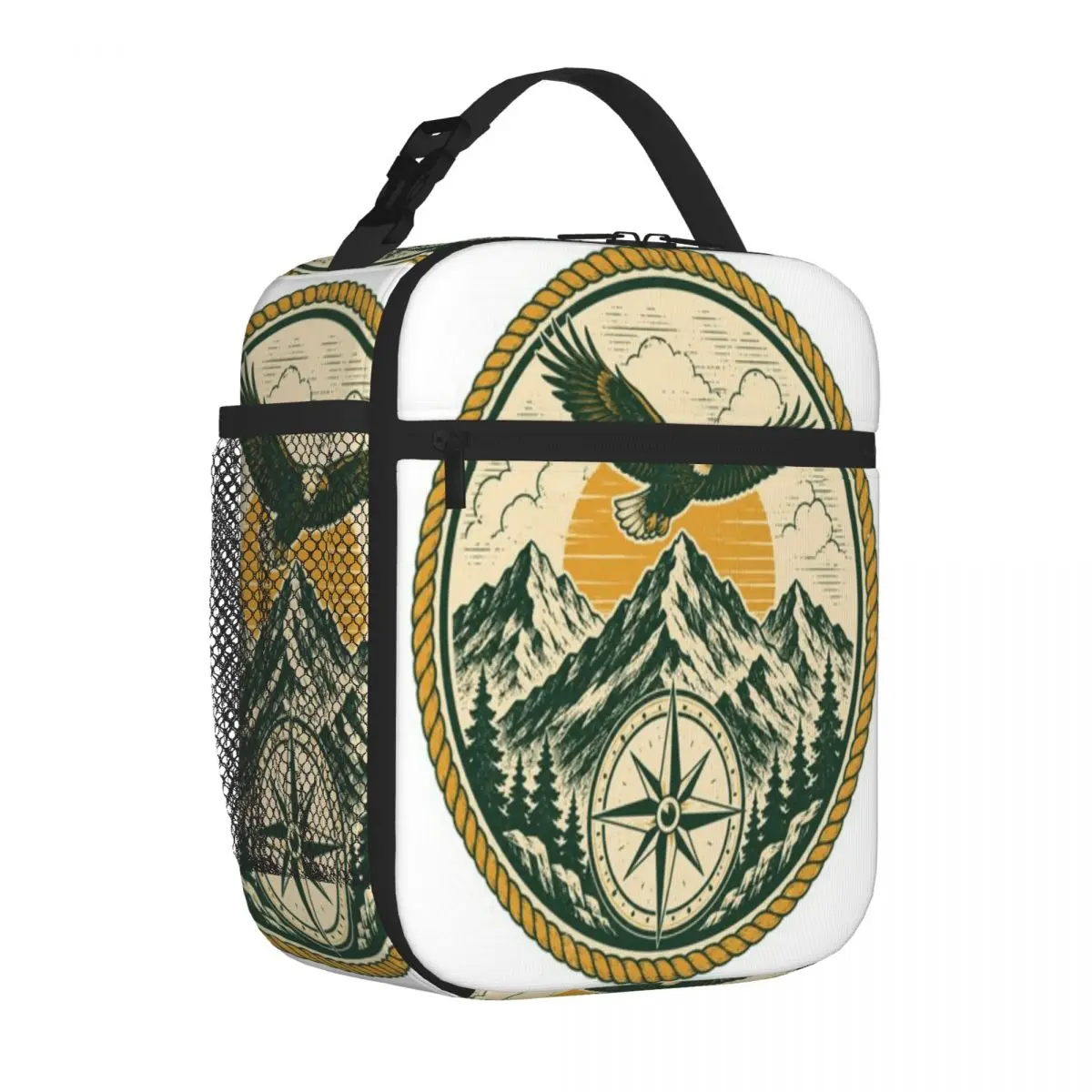 Hot Sale Wilderness Eagle Mountain Compass Emblem Gloss Finish Student Lunch Bag Auto Travel Durable Lunch Bag