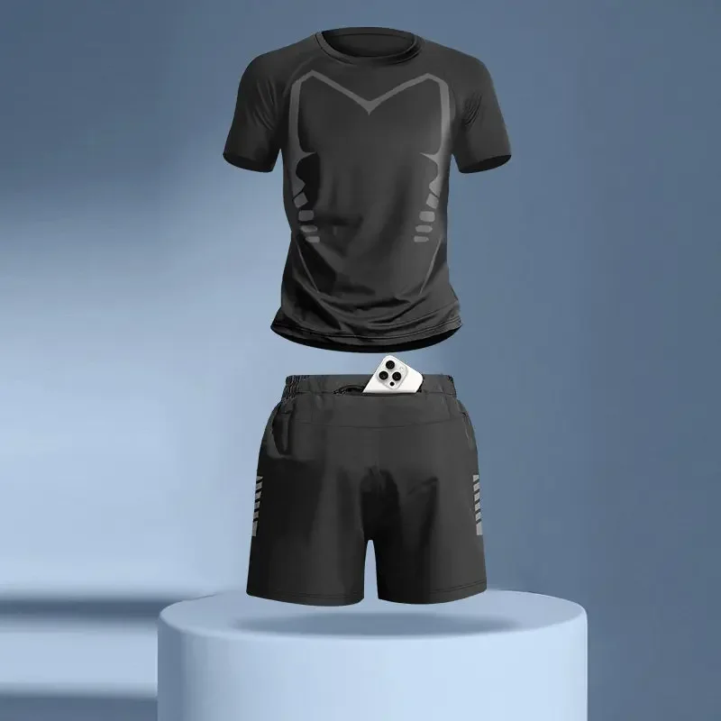 

Fitness clothes men's summer marathon training silk short-sleeved sports suit running mobile phone shorts clothes
