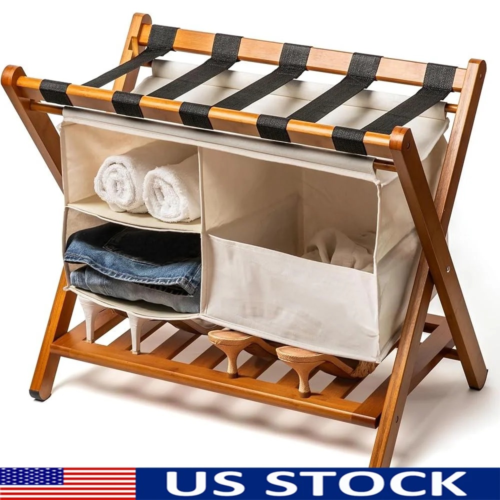 

Folding Luggage Rack with Laundry Bag Space Saving Bamboo Suitcase Stand Guest Room Storage Shelf Durable Heavy Duty