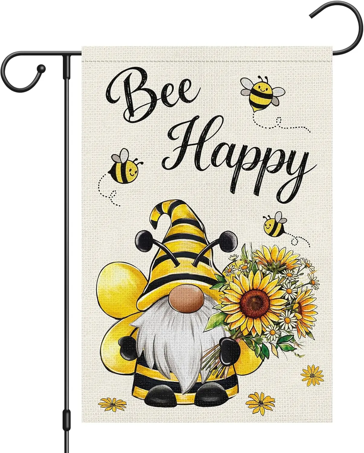 Heyfibro Bee Happy Gnome Garden Flag 12x18 Double Sided Burlap, Spring Summer Bumblebee Costume Gnome with Sunflowers Yard B PPM