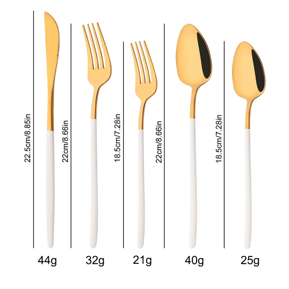 5Pcs White Gold Cutlery Set Stainless Steel Tableware Knife Dessert Fork Spoon Dinnerware Set Kitchen Flatware Silverware