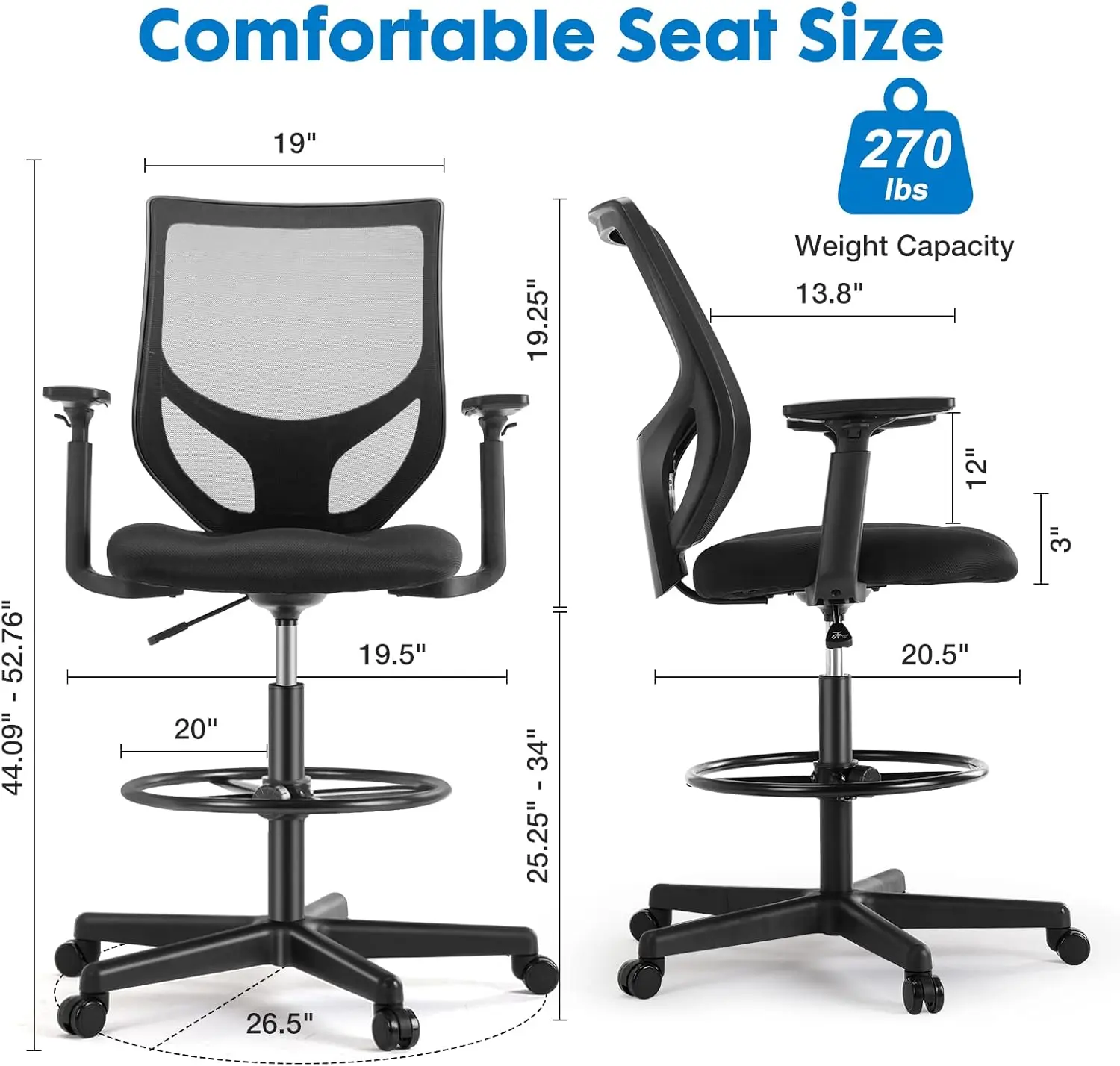 Drafting Chair - Tall Standing Office Desk Chair With Adjustable Foot Ring, Chair With Ergonomic Lumbar Support, Adjustable