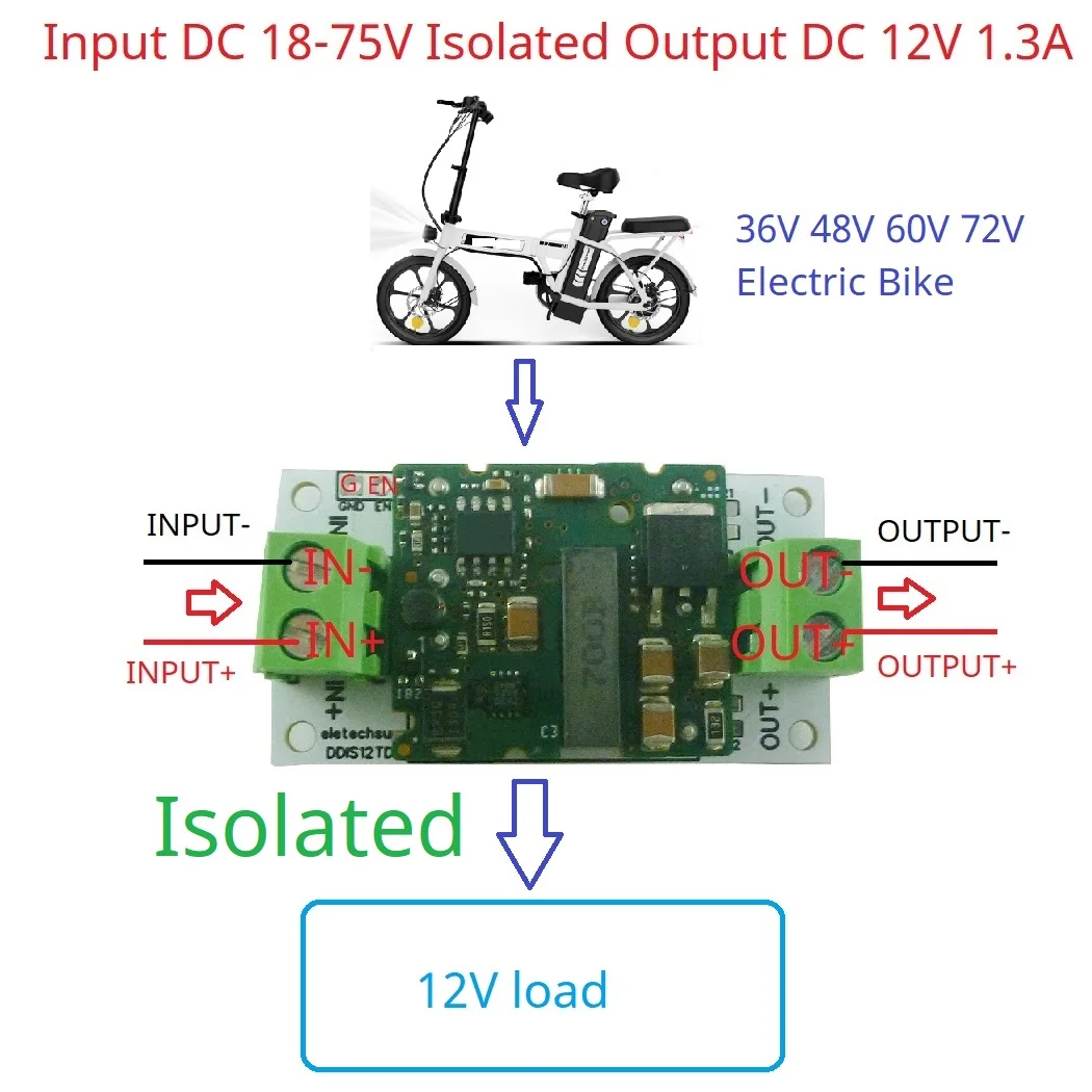 Electric Bicycle Isolated Regulated Power Module DC 36V 48V 60V to 12V 1.3A Step-Down DC-DC Converter Isolation Protection Board