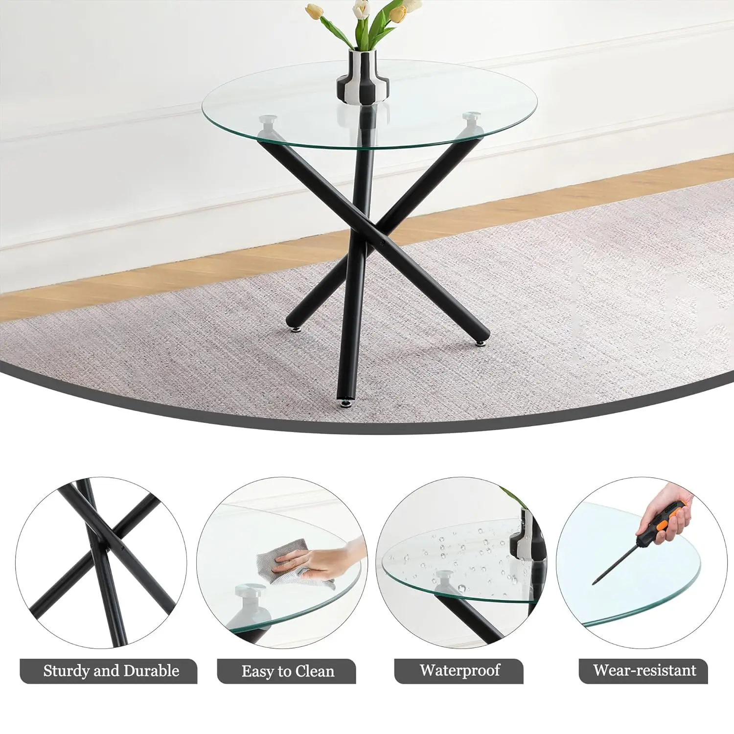 Tempered Glass Dining Table Chrome Legs Adjustable Pads Kitchen Living Room 35.5 Inch, Customized