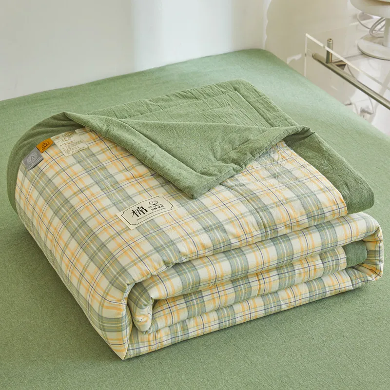 All Cotton Quilted Comforter without Cover 100% Cotton Summer Blanket Washable Plaid Quilt Soft Duvet for Single Twin Queen Bed