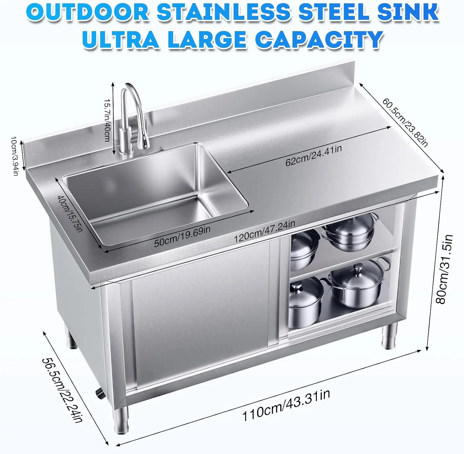 44''X23'' Stainless Steel Commercial Utility Sink with 2 Cabinet, Free Standing Single Bowl Kitchen Sink with Pull-out Faucet, H