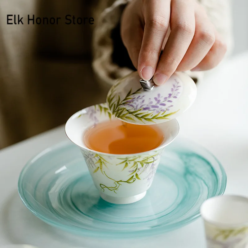 80ml Pure Hand-painted Wisteria Flower Covered Bowl Underglaze Ribbon Tea Bowl with Lid Chinese Tea Brewing Gaiwan Kung Fu Tea