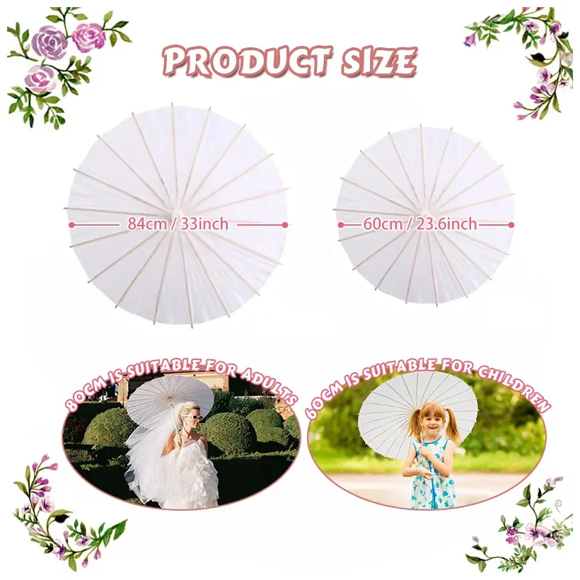 1pc 60CM White Paper Parasol Umbrella for Wedding, Party Favor DIY Bamboo Umbrellas, for Bridal Shower Centerpieces, Photo Props