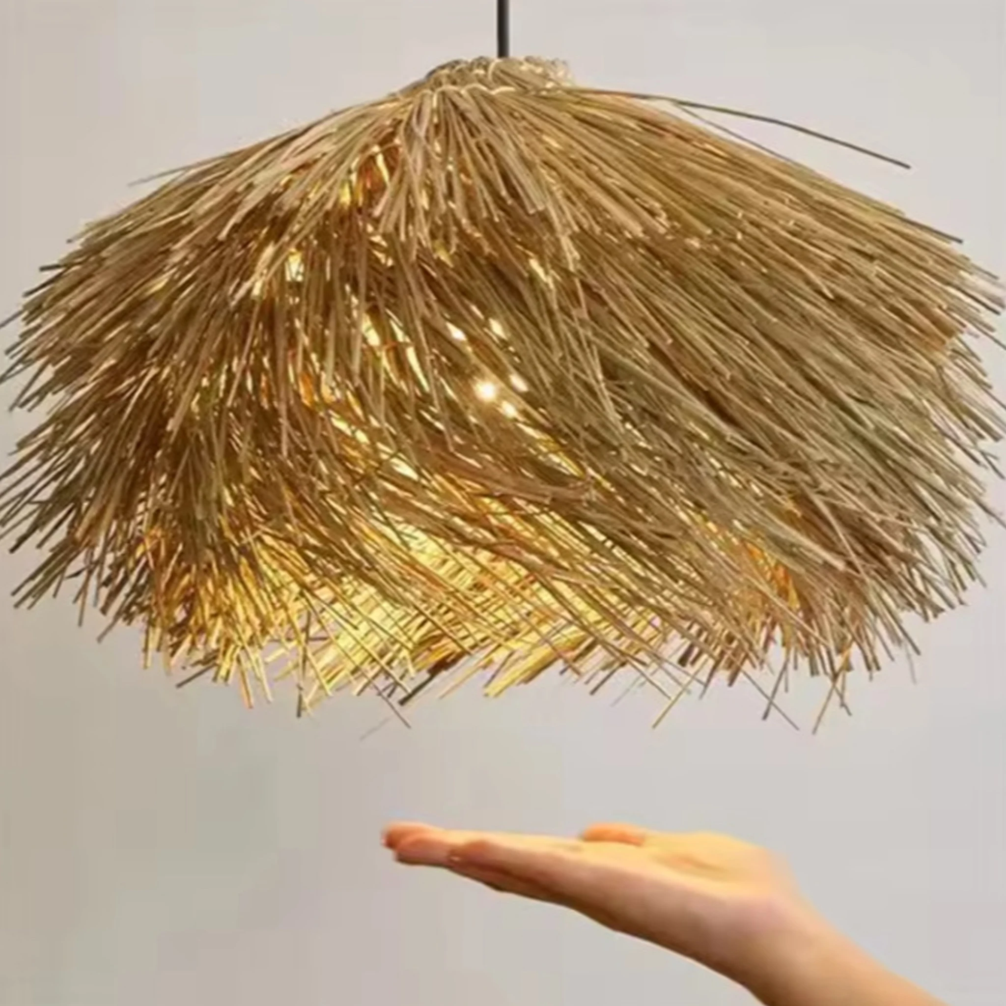Rustic Straw Pendant Light Wabi Sabi Hand Woven Hanging Lamp Living Dining Room Kitchen Cafe Ceiling Chandelier Room Decor