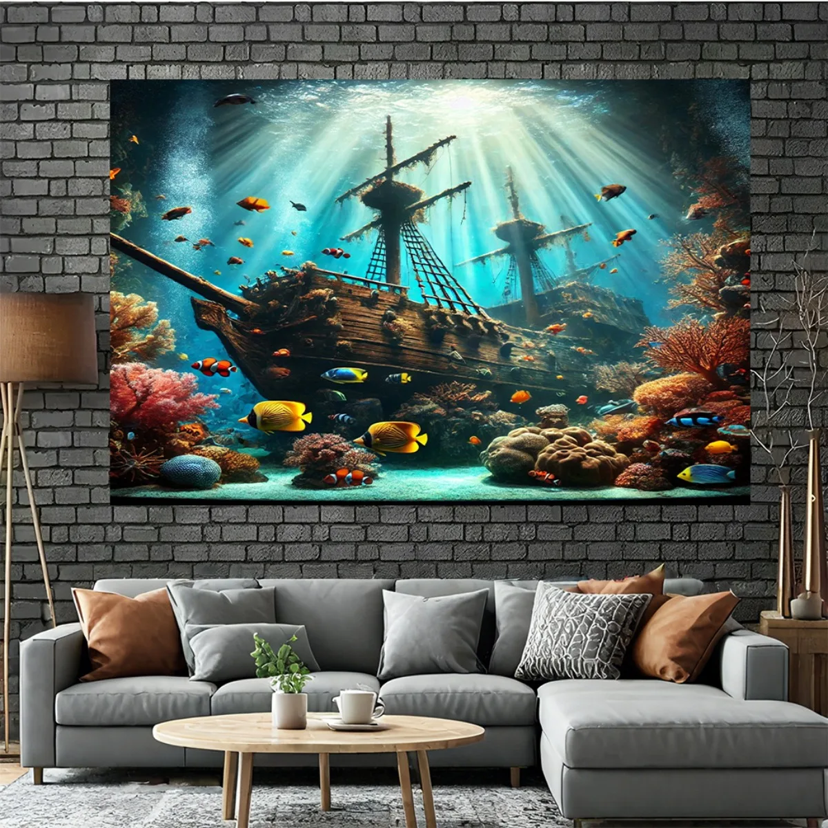 Underwater Shipwreck Tapestry Ocean Coral Reef Fish Marine Life Art Wall Hanging 2D Flat Print Backdrop for Bedroom Living Room