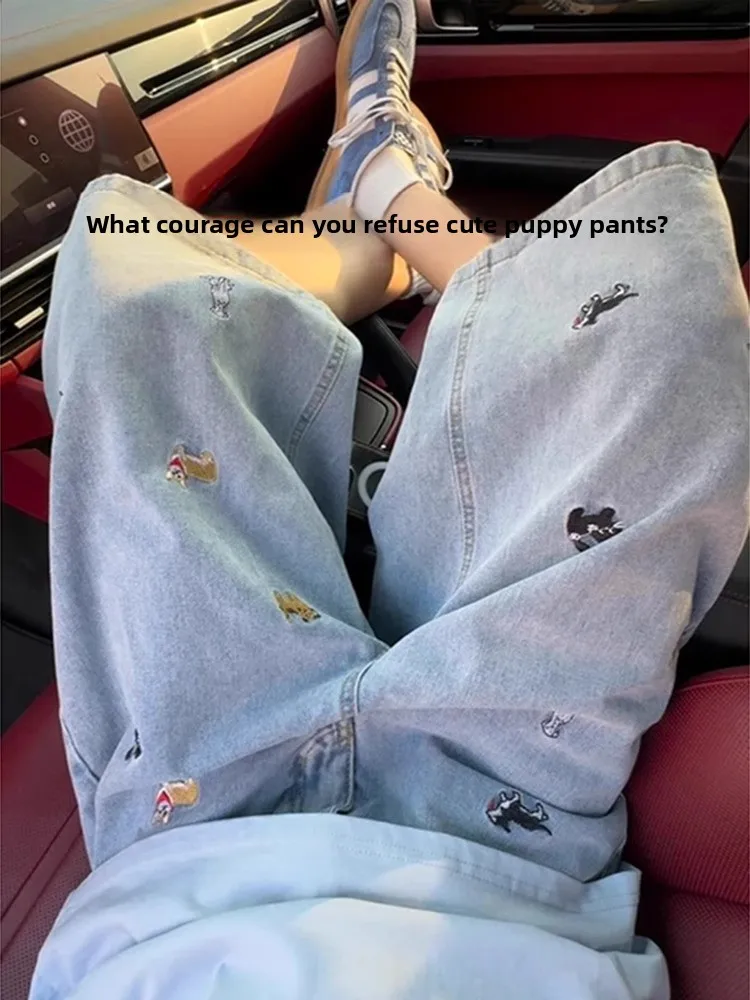 

Синие джинсы с высокой талией и вышивкой для собак, широкие брюки, мужские модные брендовые американские брюки High Street, верхняя одежда трапециевидной формы, 7 длин...