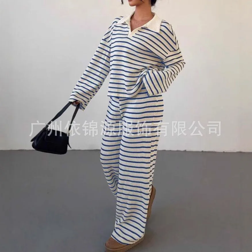 

New Fashion Printed Lapel Shirt + Wide Leg Pants Two-piece Sets Women Autumn Casual Loose Striped Top And Pants Suit For Women