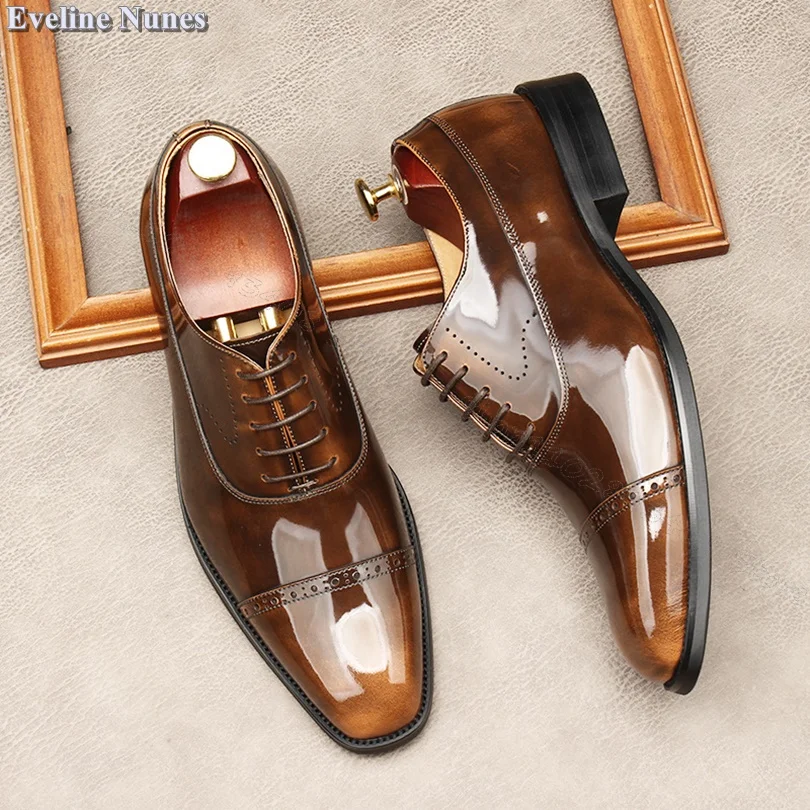 

Brown Patent Leather Carved Men Shoes Formal Dress Male Shoes Fashion Banquet Business Autumn Shoes Size 38-44 Zapatillas Mujer