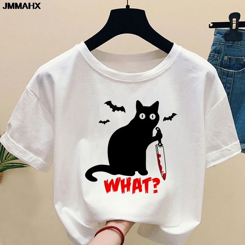 T-shirt da donna con stampa gatto divertente T-shirt Harajuku casual traspirante girocollo manica corta T-shirt bianca alla moda