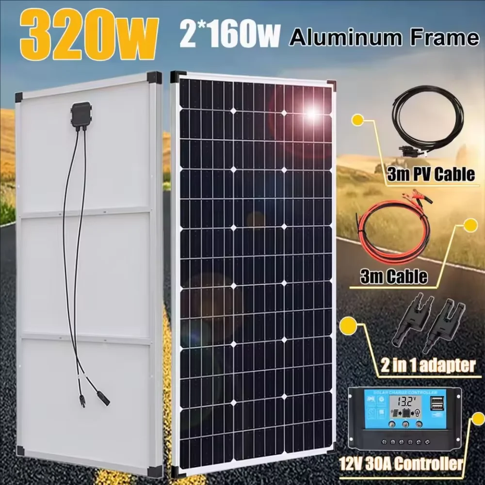 320W 160W 300W 150W Solarmodul mit Aluminiumrahmen, 12V Batterieladegerät-Set, Photovoltaik-Panel-System für Haus, Balkon, Wohnmobil, RV