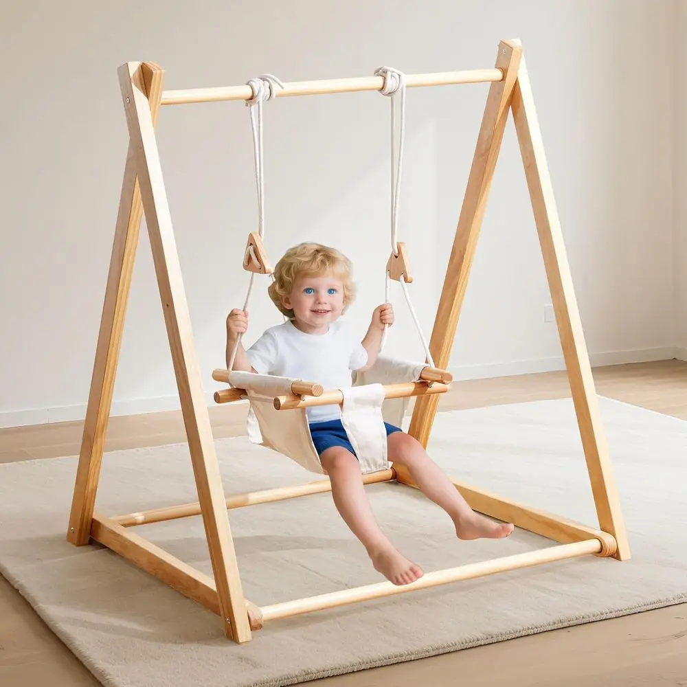 

Portable Wooden Swing Set for Babies and Toddlers, Adjustable with Seat Belt, Suitable for Ages 6-36 Months, Ideal for Home and
