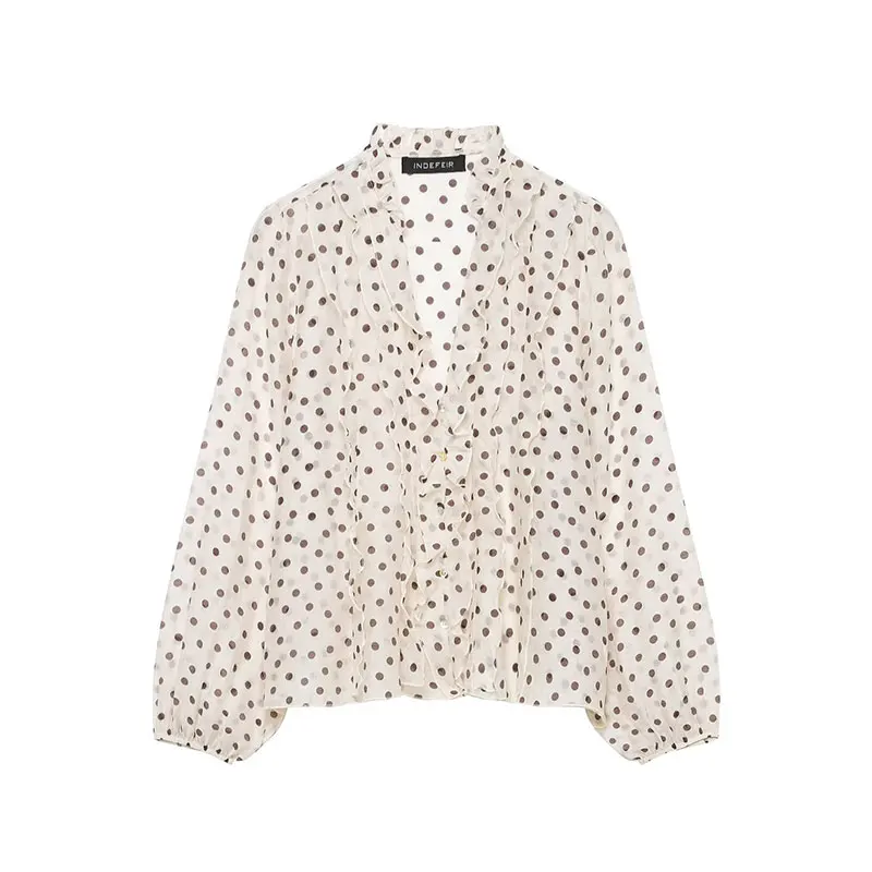 2026 Y2K Spring Polka Dot Ruffles Women Blouse V Neck Semi Transparent Long Sleeve Buttons Loose Shirt Female Y2K Tops Shirts