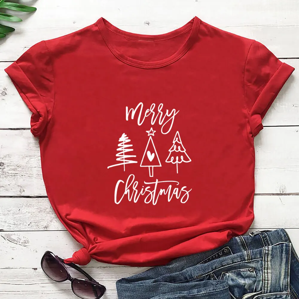 

Merry Christmas Trees New Arrival Christmas T Shirt 100%Cotton Unisex Funny Casual Short Sleeve Top Holiday Gift