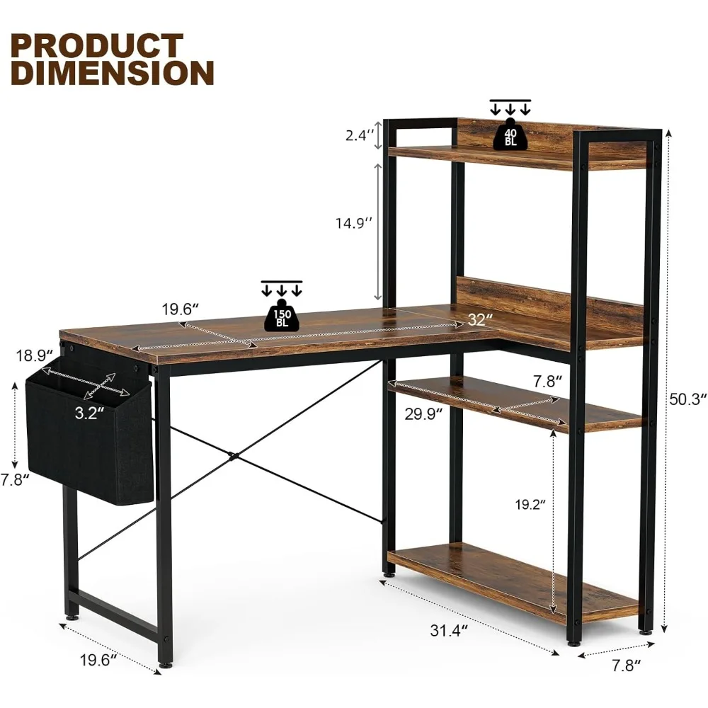 40 Inch Corner Computer Desk with Reversible Storage Shelves for Home Office and Study