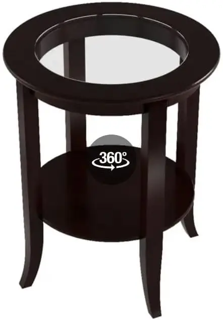 -Wood Genoa End Table Round Side /Accent Table  Inset Glass Espresso
