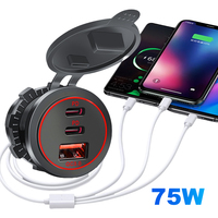 75W 12V 24V Car Charger Socket with 3 Ports PD Type C QC 3.0 Fast Charge Waterproof USB Outlet for Vehicles and Boats
