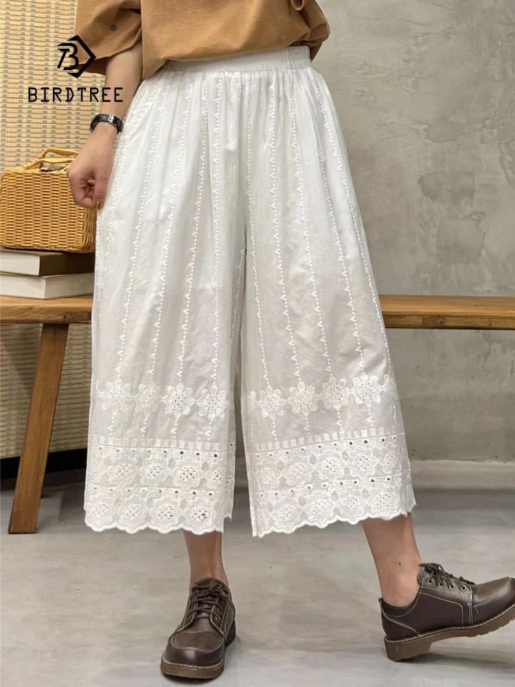 

New Summer Cotton Casual Pants Women Elastic Waist Embroidery Pants Mori Girl Literature OL Wide Leg Pants 2024 Autumn B46255QC