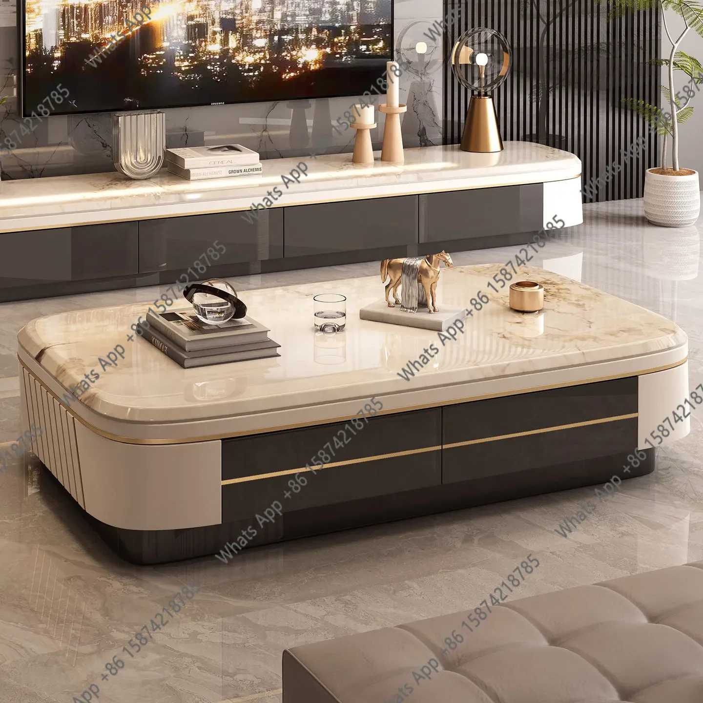 

Modern Simple TV Cabinet Combination Living Room Home Wall Floor TV Cabinet Microcrystalline Stone Solid Wood Coffee Table X