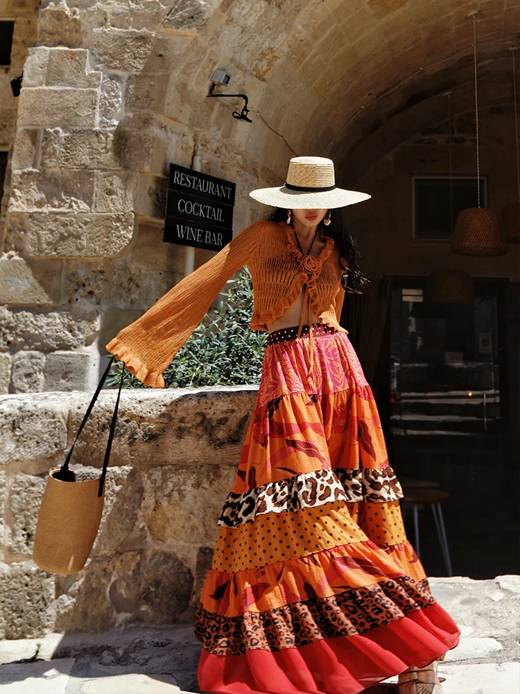 64-76 سنتيمتر الخصر الصيف البوهيمي عطلة تنانير طويلة النساء أنيقة الفرنسية ليوبارد طباعة المرقعة تكدرت كبير سوينغ عطلة تنورة #6