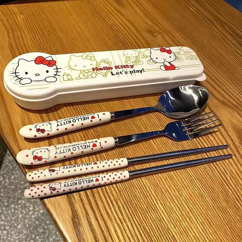 Kawaii Sanrio Tableware Hello Kittys Chopsticks Spoon Fork Cartoon Cute Anime Student Family Soup Stainless Steel Toys Girls