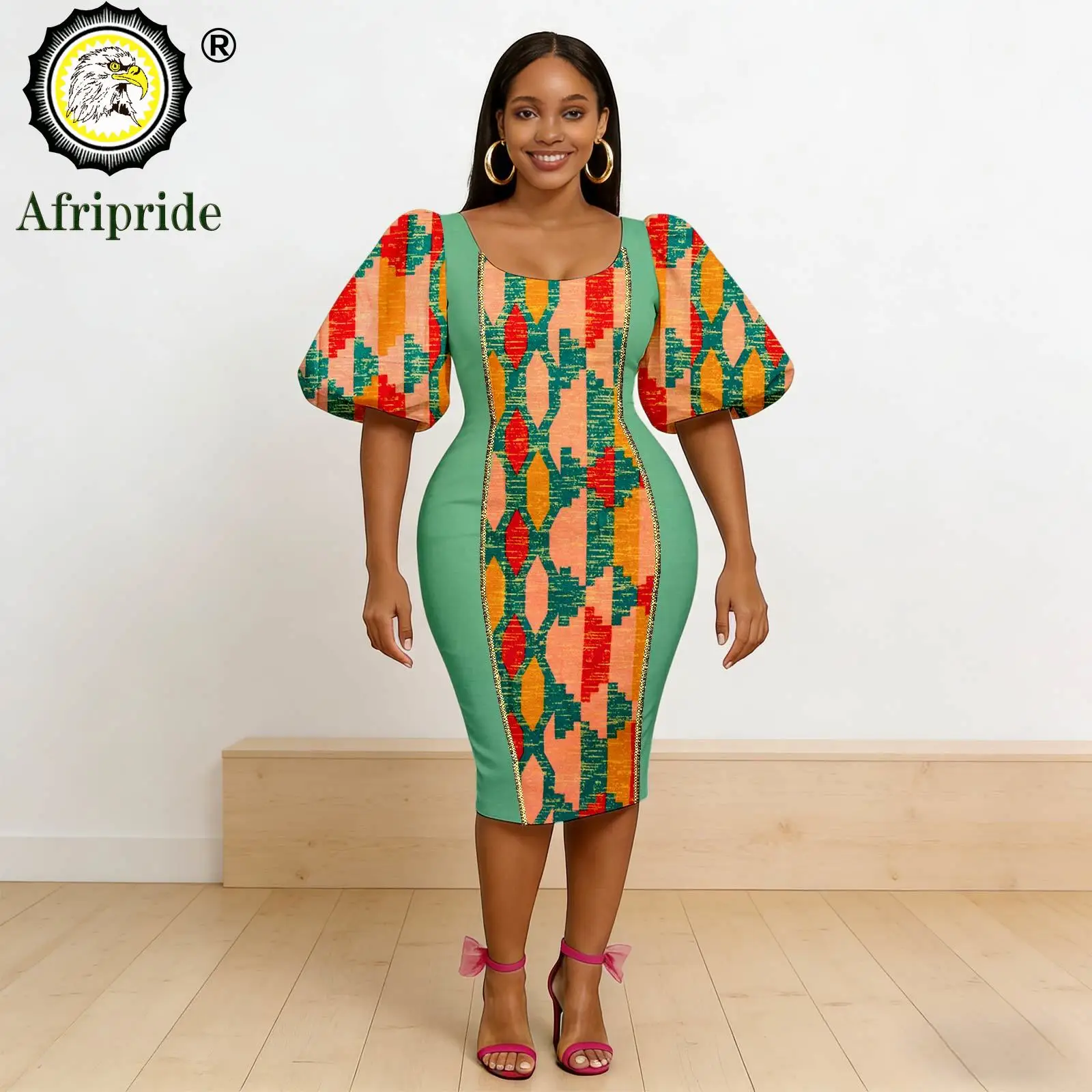

African Dresses for Women Short Sleeve Scoop Neck High Waist Elegant Party Evening Ankara Attire Floral Printed Dresses 2625031