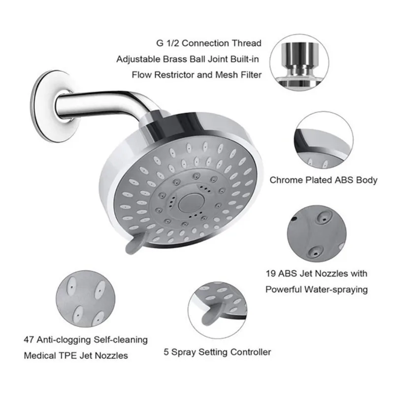 

5 Modes High Pressure Shower Head 4Inch Sprayer Adjustable Rainfall Shower Head Sprayer Bathroom Fixture Faucet Replacement Part
